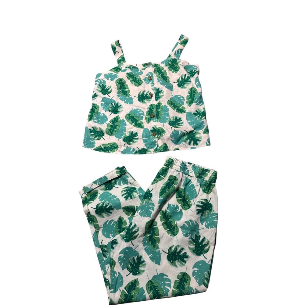 J.Crew 2 Piece Set Womens M Green White Linen Blend Palm Leaf Beach Top & Pants - Picture 4 of 16